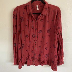 Free People Rust Floral Ruffle Hem Button Down